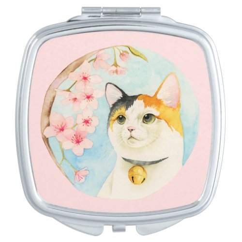Hanami  Calico Cat and Cherry Blossom Watercolor Compact Mirror