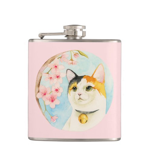 Hanami  Calico Cat and Cherry Blossom Watercolor Flask