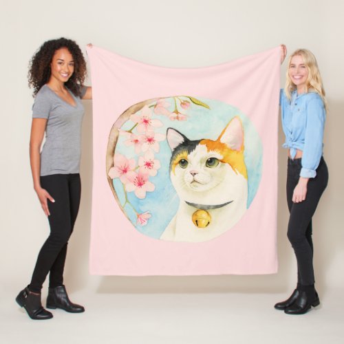 Hanami  Calico Cat and Cherry Blossom Watercolor Fleece Blanket