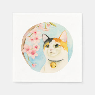 Hanami Calico Cat and Cherry Blossom Watercolor Napkins