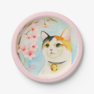 Hanami   Calico Cat and Cherry Blossom Watercolor Paper Plates