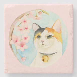 Hanami Calico Cat and Cherry Blossom Watercolor Stone Coaster