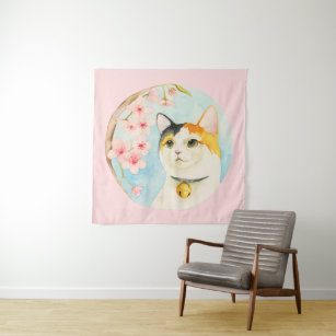 Hanami   Calico Cat and Cherry Blossom Watercolor Tapestry