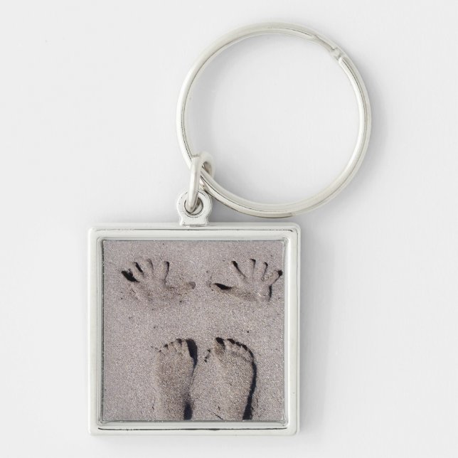 Hand and Feet prints in Florida beach sand Keychain (Front)