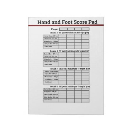 Hand And Foot Card Game Score Pad