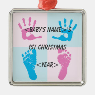 Hand and Foot Print Baby's 1st Christmas Metal Ornament
