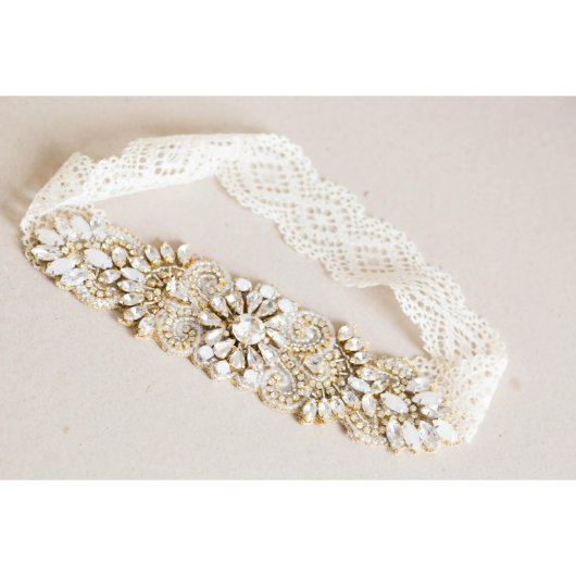 Hand Beaded Gold Bridal Garter Set (Front Right)