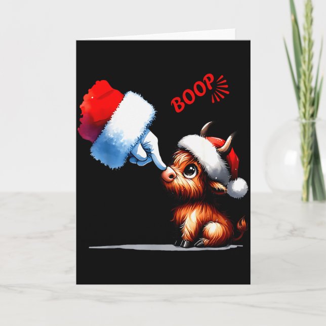 Hand Boop Christmas Highland Cow Santa Farmer Anim Card (Front)