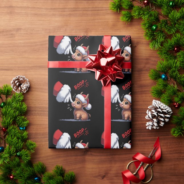 Hand Boop Christmas Highland Cow Santa Farmer  Wrapping Paper (Holiday Gift)