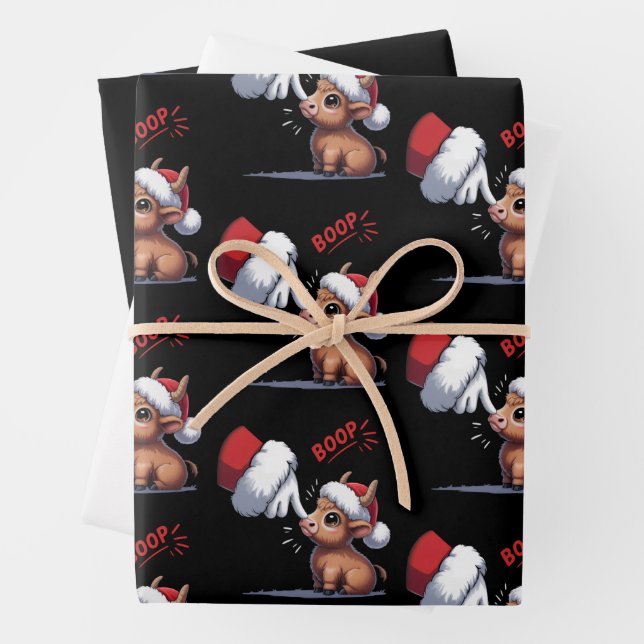 Hand Boop Christmas Highland Cow Santa Farmer  Wrapping Paper Sheets (In situ)