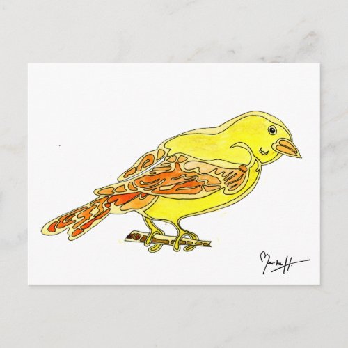 Hand Carved Bird in Yellow Watercolors Postcard