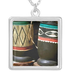 Hand carved drums, Livingston, Zambia Silver Plated Necklace