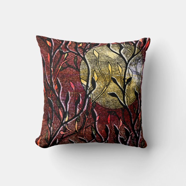 Hand Carved Leaves in Burgundy Throw Pillow (Front)