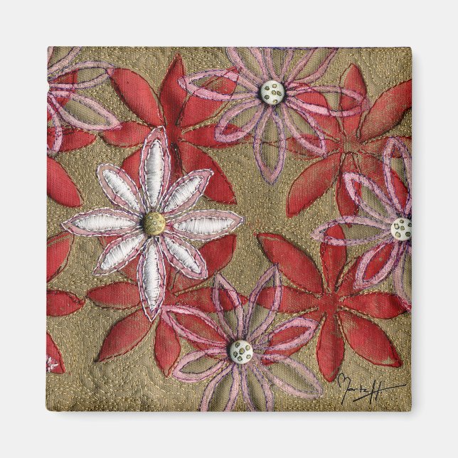 Hand Carved Quilted Red and Pink Flowers Magnet (Front)