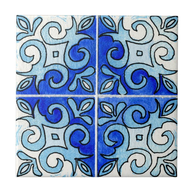 Hand Carved Tile Design 6 Painted in Watercolors (Front)