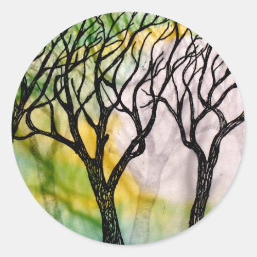 Hand Carved Trees on Rice Paper Classic Round Sticker