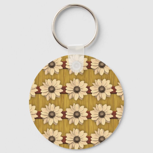 Hand Carved Wooden Daisies Keychain (Front)