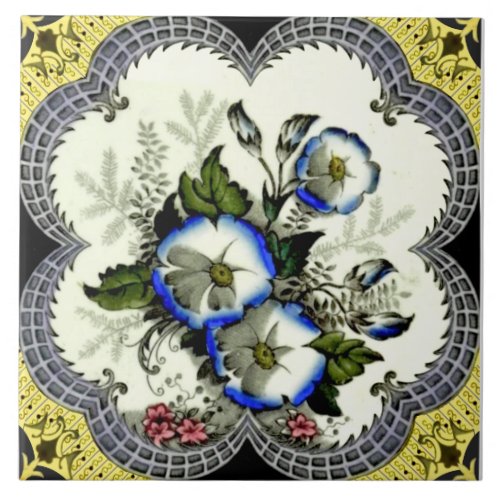 Hand Colored Victorian Framed Floral Transferware Ceramic Tile