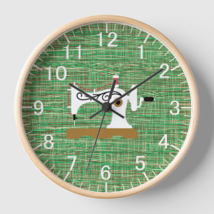 Hand crafting room Sewing machine Green Burlap Clock