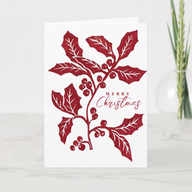 Hand-Created linocut holly artwork Christmas Card (Front)