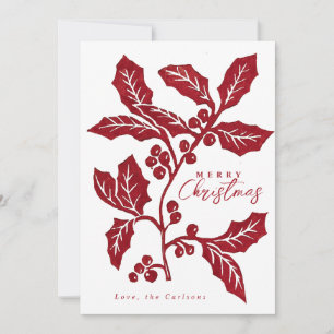 Hand-Created linocut holly artwork Christmas card