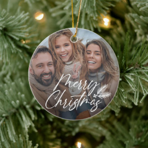 Hand-created Merry Christmas script w/ Pine boughs Ceramic Ornament