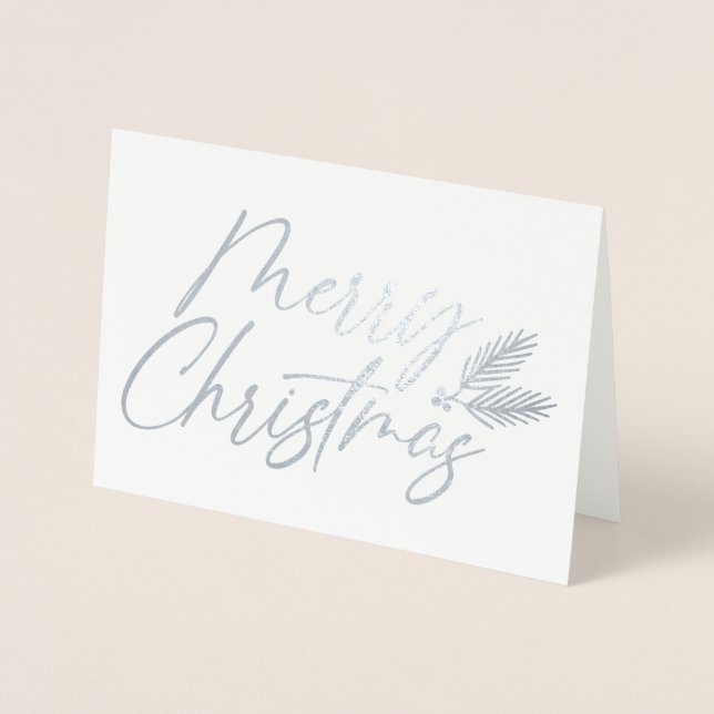 Hand-created Merry Christmas script w/ Pine boughs Foil Card (Front)