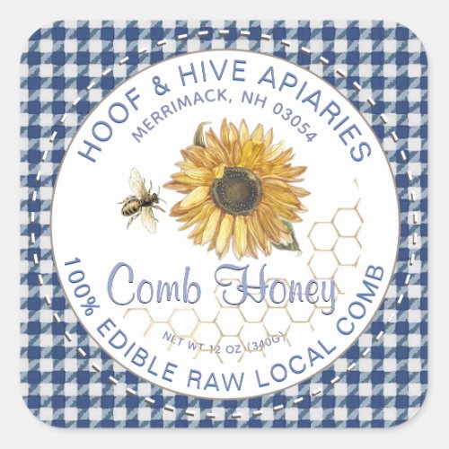 Hand Cut Comb Honey Sunflower Bee Rustic Gingham Square Sticker
