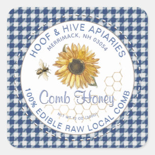 Hand Cut Comb Honey Sunflower Bee Rustic Gingham Square Sticker