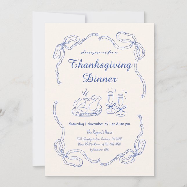 Hand Draw Doodle Whimsical Bow Thanksgiving Dinner Invitation (Front)