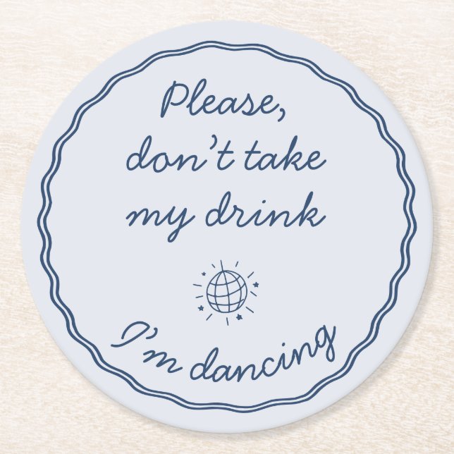 Hand Draw Retro Blue Handwritting Wedding Round Paper Coaster (Front)