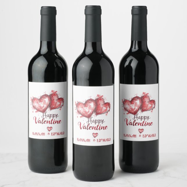 Hand Draw Two Hearts Valentine's Wine Label (Bottles)