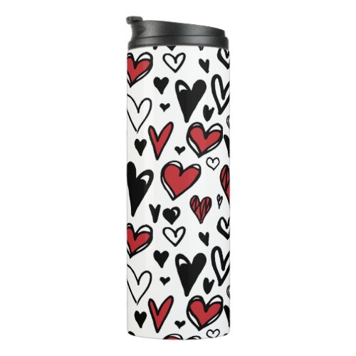 Hand Draw White Black and Red Heart Shape Travel  Thermal Tumbler