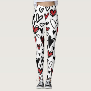 Hand Draw White, Black and Red Heart Shape Women  Leggings