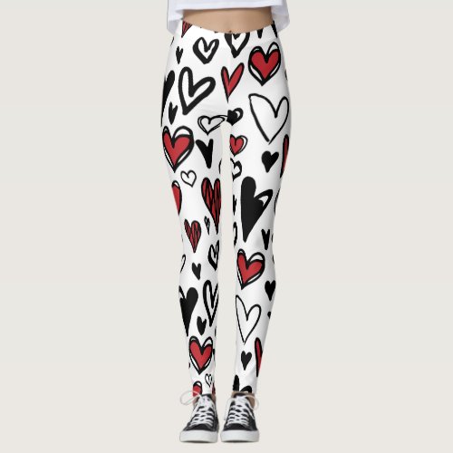 Hand Draw White Black and Red Heart Shape Women  Leggings