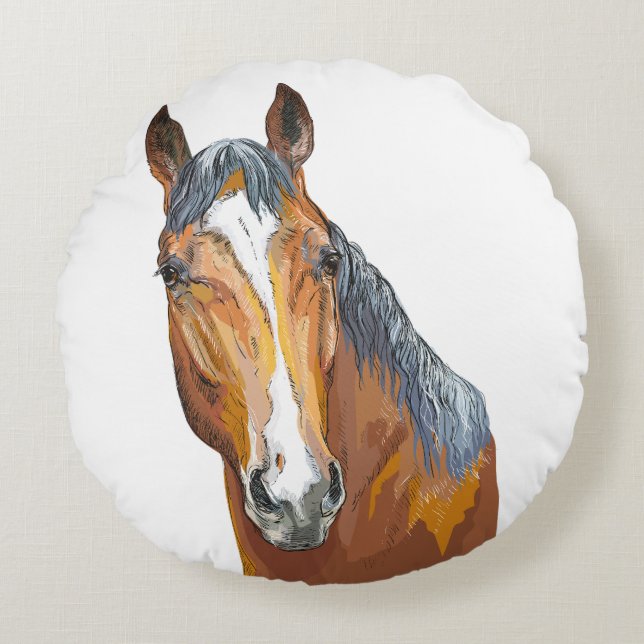 Hand drawing bay horse throw pillow (Front)