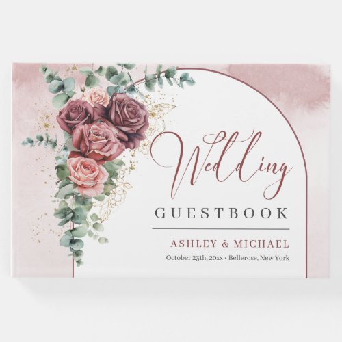 Hand drawing burgundy floral arch gold wedding guest book