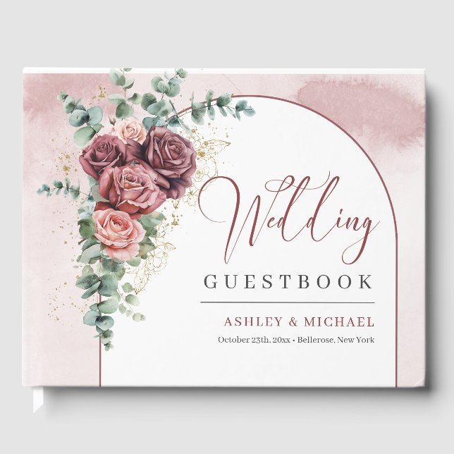 Hand drawing burgundy floral arch gold wedding guest book (Front)