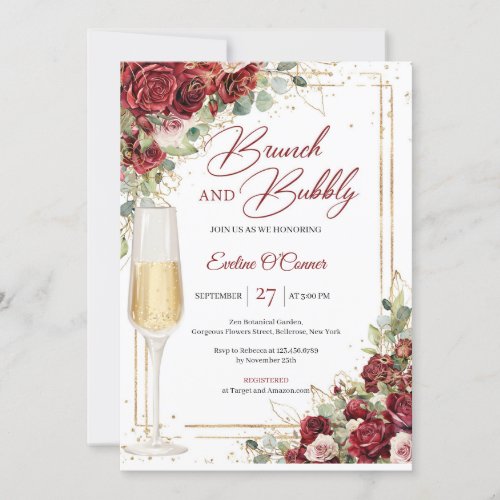 Hand drawing burgundy floral brunch and bubbly  invitation