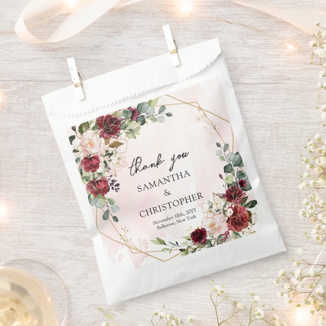 Hand drawing burgundy floral gold sage wedding favor bag (Clipped)