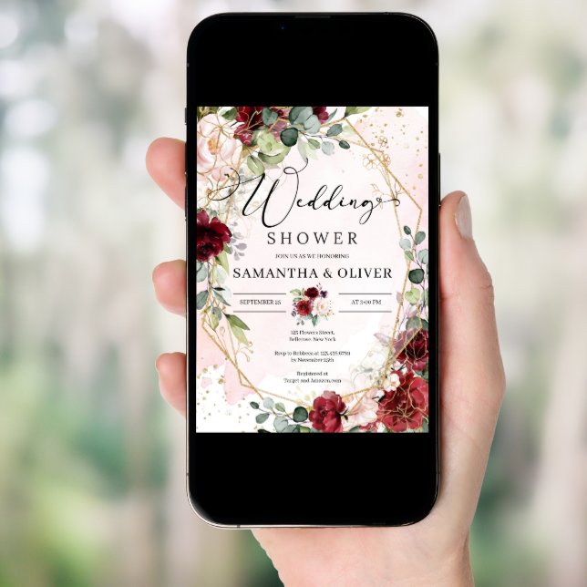Hand drawing burgundy floral gold wedding shower invitation (Front Digital)