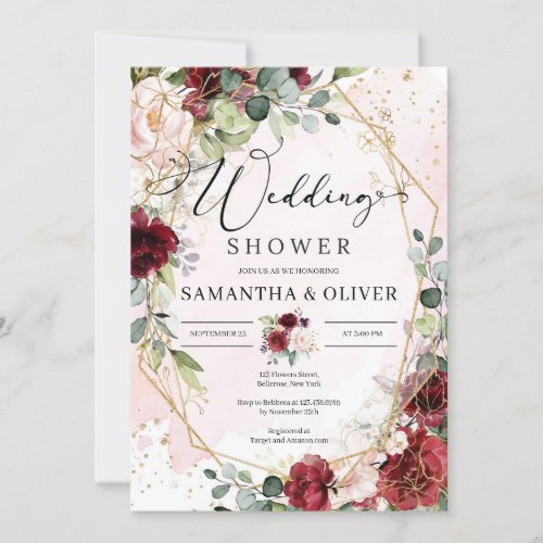 Hand drawing burgundy floral gold wedding shower invitation