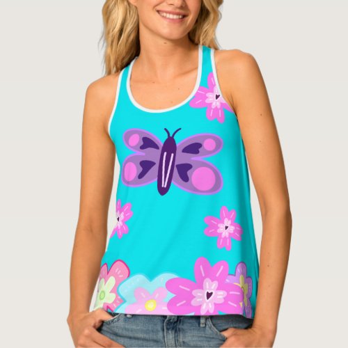 Hand Drawing Colorful Cartoon Flowers  Butterfly Tank Top