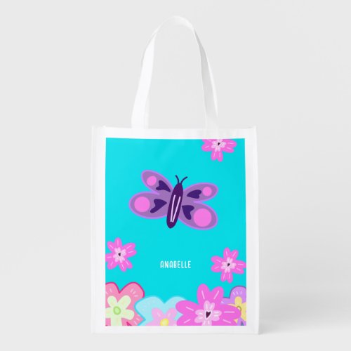 Hand Drawing Colourful Cartoon Flowers  Butterfly Grocery Bag