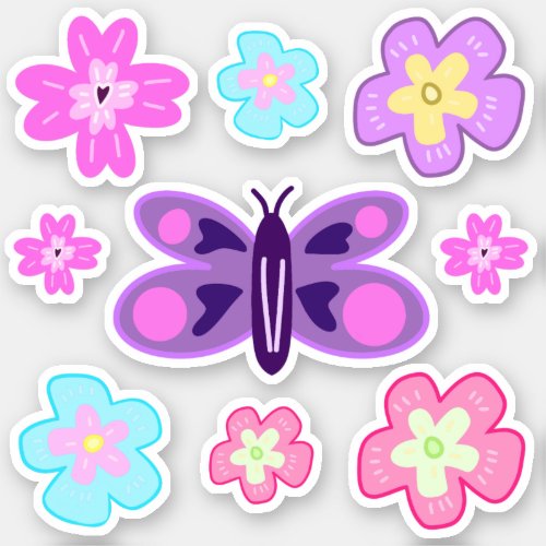 Hand Drawing Colourful Cartoon Flowers  Butterfly Sticker