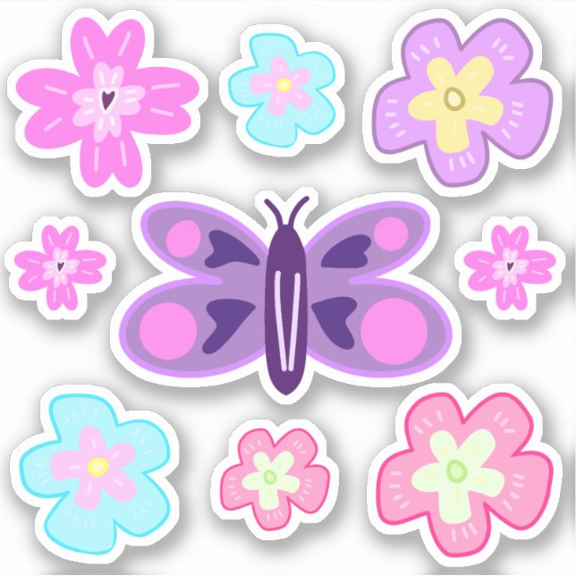 Hand Drawing Colourful Cartoon Flowers & Butterfly Sticker (Front)