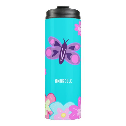 Hand Drawing Colourful Cartoon Flowers  Butterfly Thermal Tumbler