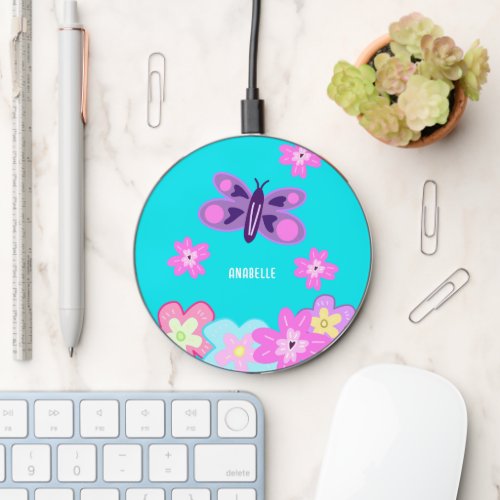 Hand Drawing Colourful Cartoon Flowers  Butterfly Wireless Charger