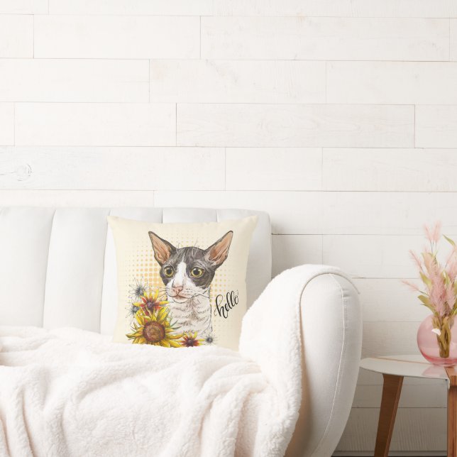 Hand drawing Cornish Rex cat with sunflowers Throw Pillow (Couch)