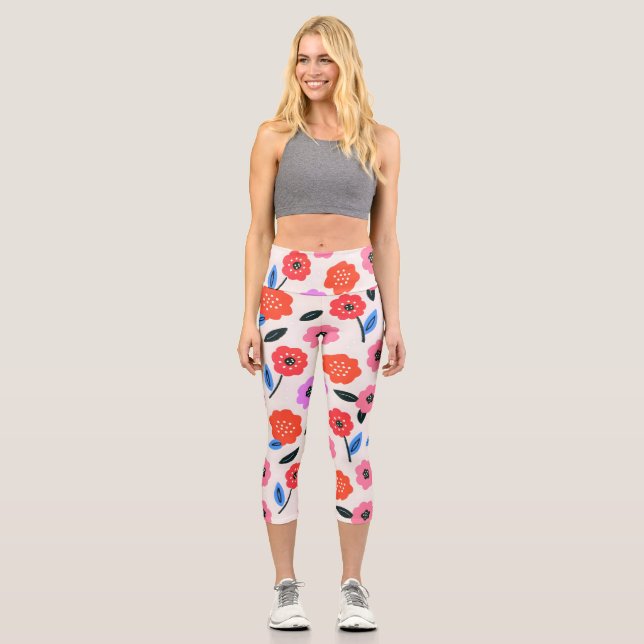Hand drawing flowers pattern capri leggings (Front)